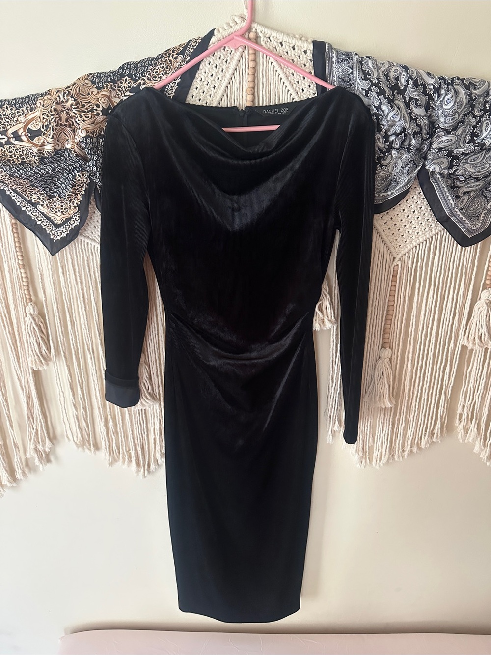 RACHEL Rachel Roy Black Velvet Long-Sleeve Draped Sheath Dress
